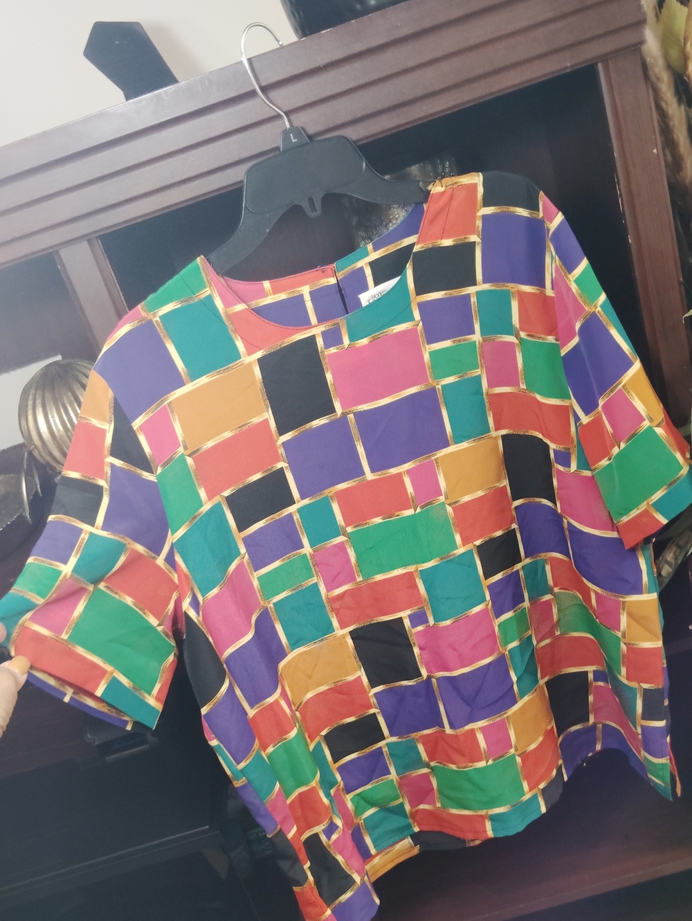 Colorblock Geometric Short Sleeve Blouse - Multicolor